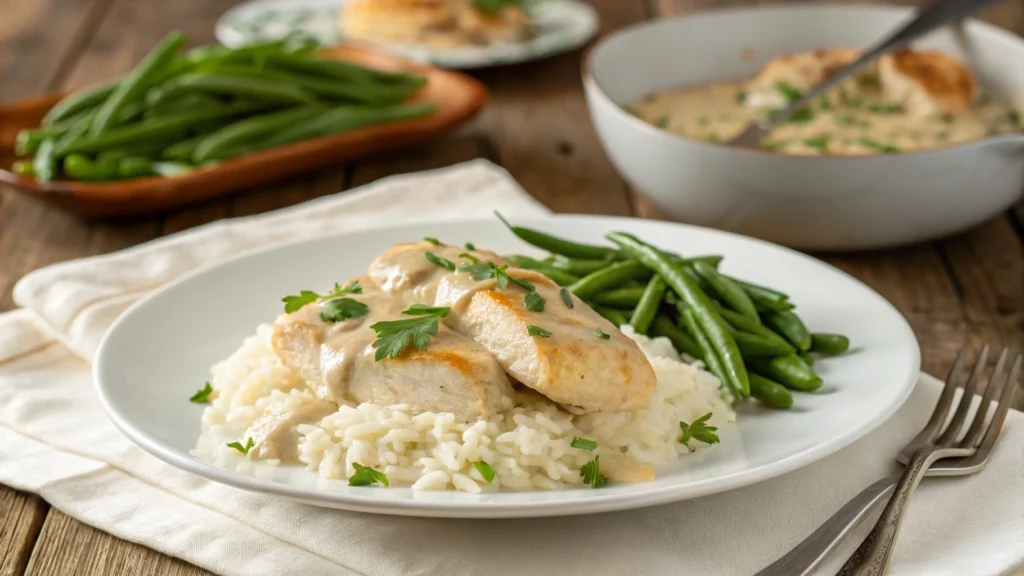 A plated serving of Forgotten chicken recipe with creamy rice, tender chicken, and steamed green beans, garnished with parsley.