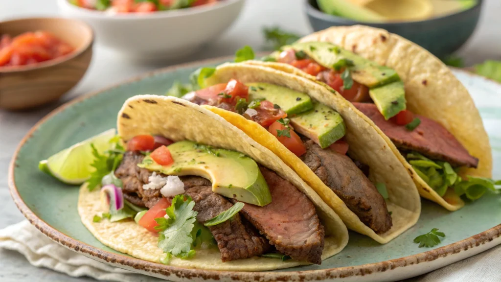  Tri-tip tacos with garnishes.