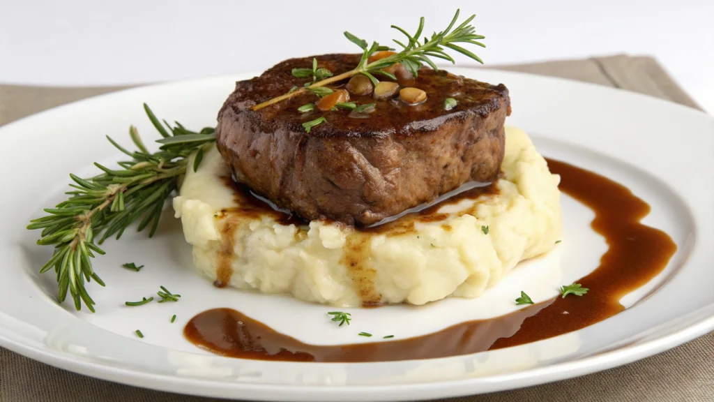 Venison cube steak served with mashed potatoes and rich brown gravy