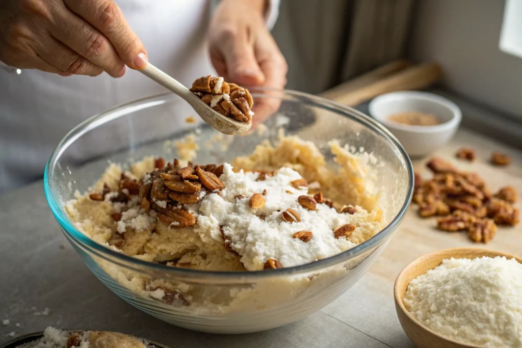  Mixing coconut pecan cookie dough in a bowl