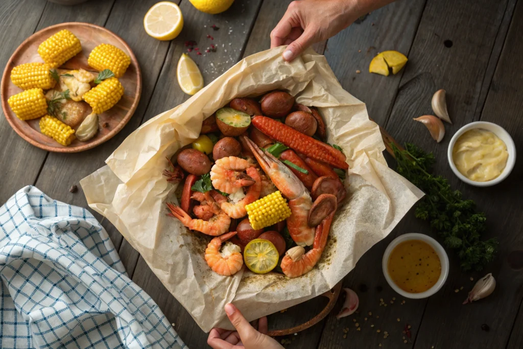 a beautifully arranged seafood boil spread on a wo