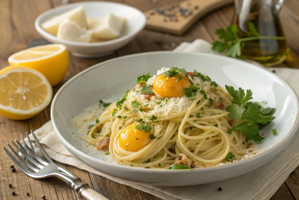 Spaghetti with corbina fish eggs and parmesan cheese