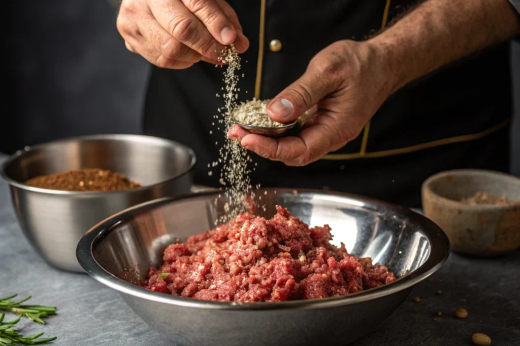 a butcher s hands preparing beef salami seasoning