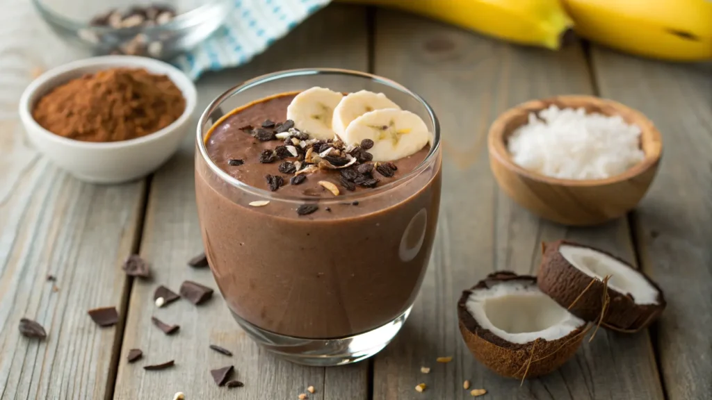 a chocolatey cashew milk smoothie in a glass garn