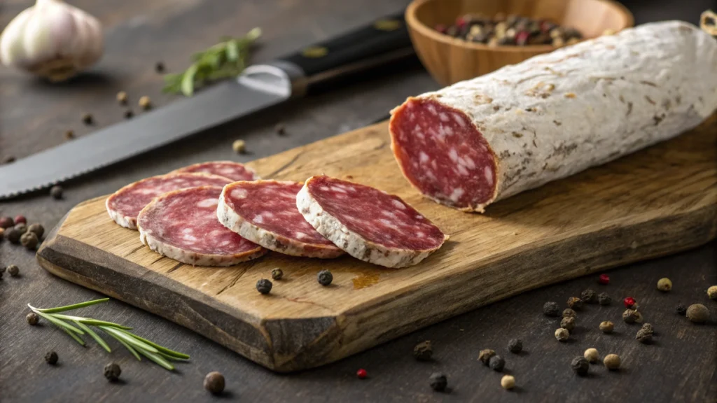 High-quality beef salami slices on a wooden board.