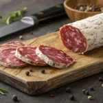 High-quality beef salami slices on a wooden board.