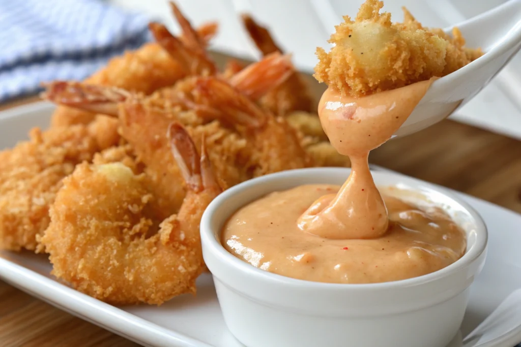 How to Coat Shrimp for Frying – Shrimp being dipped in flour, egg wash, and cornstarch for a crispy texture.