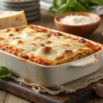 Butter bean lasagna with golden melted cheese and tomato sauce