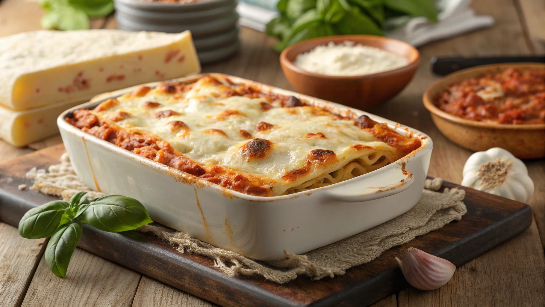 Butter bean lasagna with golden melted cheese and tomato sauce