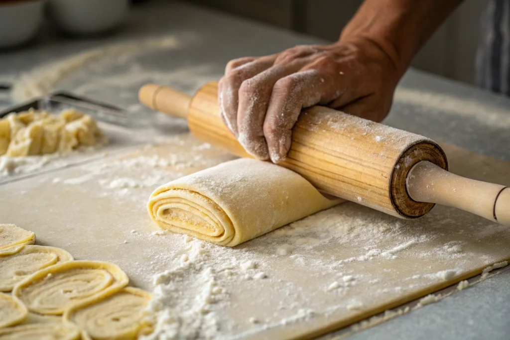  Rolling out flaky pastry dough for chicken pastry