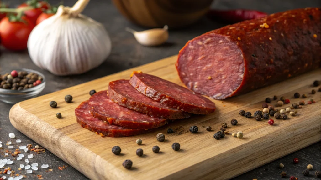 Beef pepperoni slices with spices on a wooden cutting board