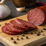 Beef pepperoni slices with spices on a wooden cutting board