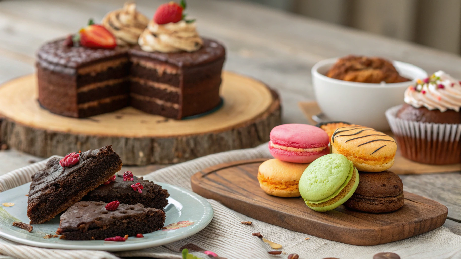 Sweet treats assortment with chocolate cake and cookies