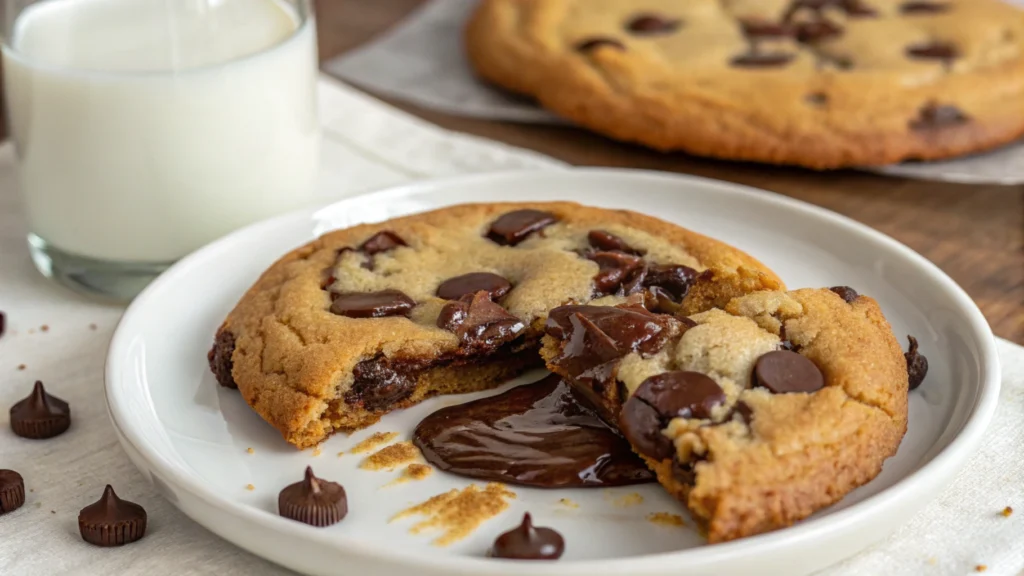 Warm chocolate chip cookie with gooey center