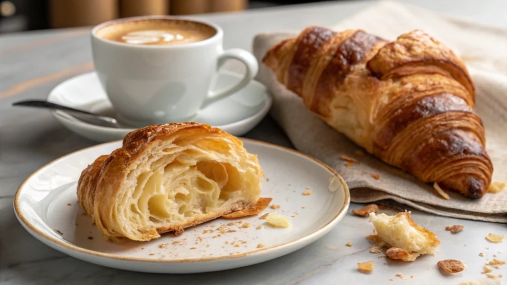 Flaky croissant with cappuccino on a café table