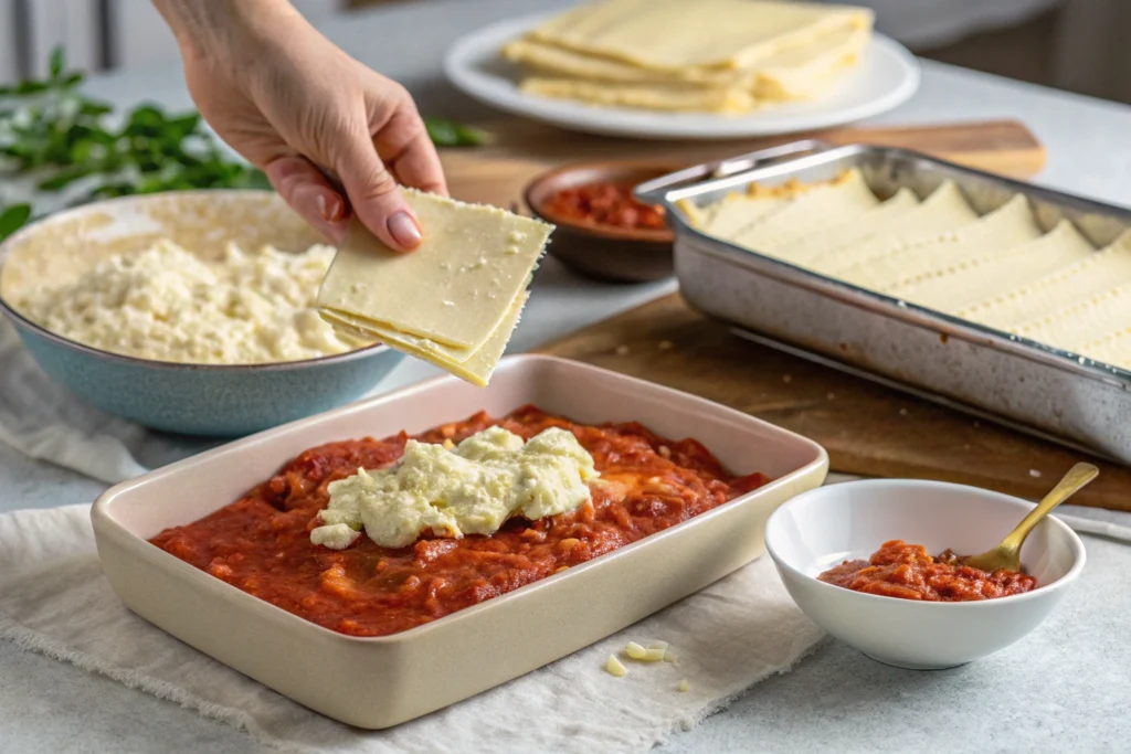 Butter bean lasagna layers being assembled