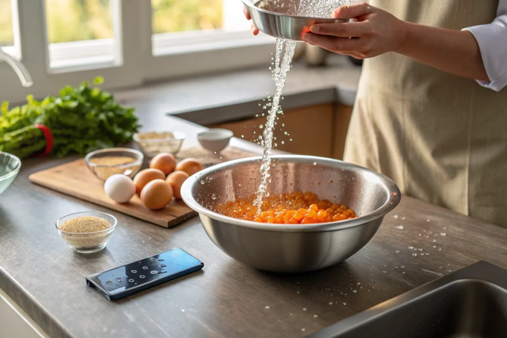 Cleaning corbina eggs under running water in a kitchen