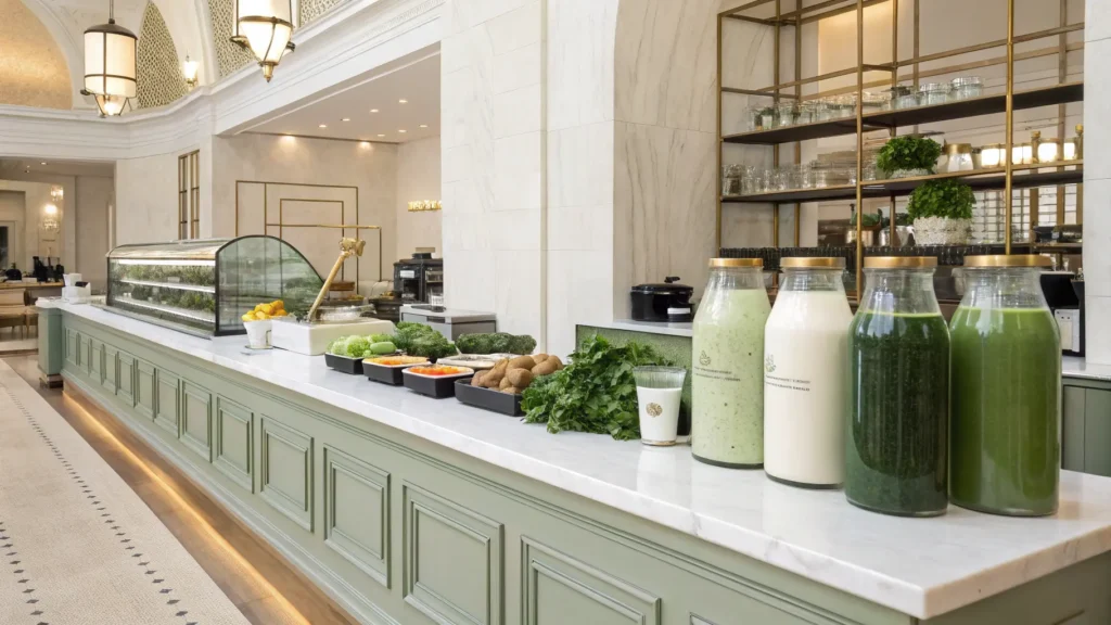 a luxurious erewhon smoothie bar with various fres