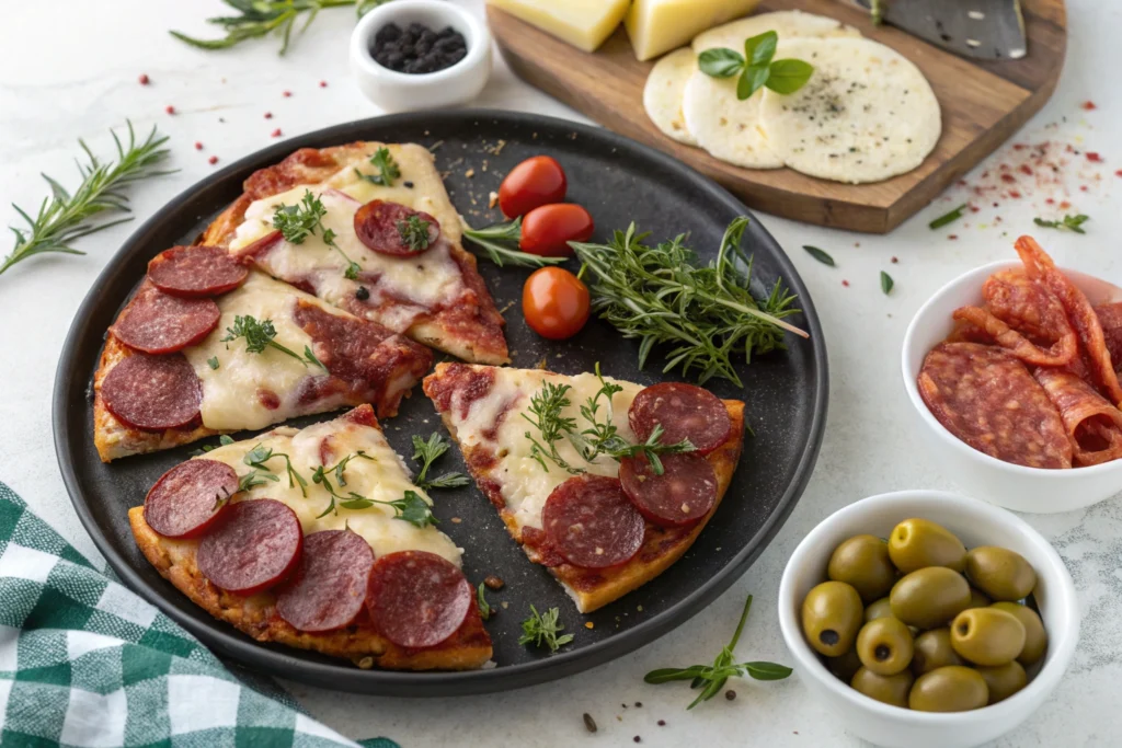 Beef pepperoni charcuterie board with cheese and olives