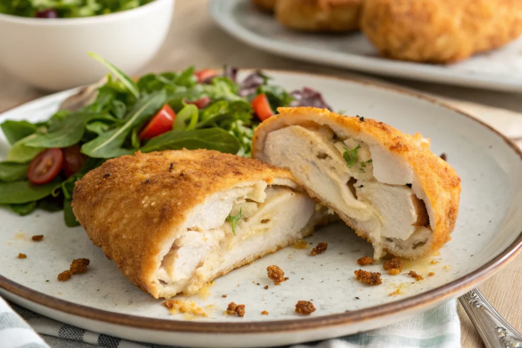 a plated golden brown chicken pastry cut in half