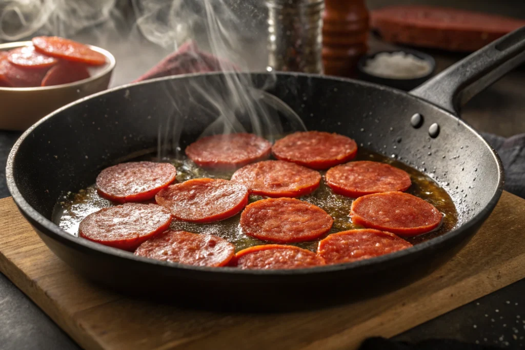 Pan-fried beef pepperoni slices in a skillet