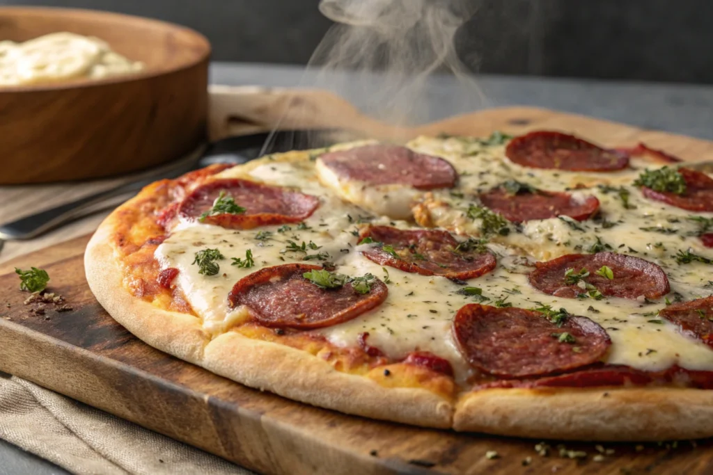  Beef salami pizza with melted cheese and crispy crust.