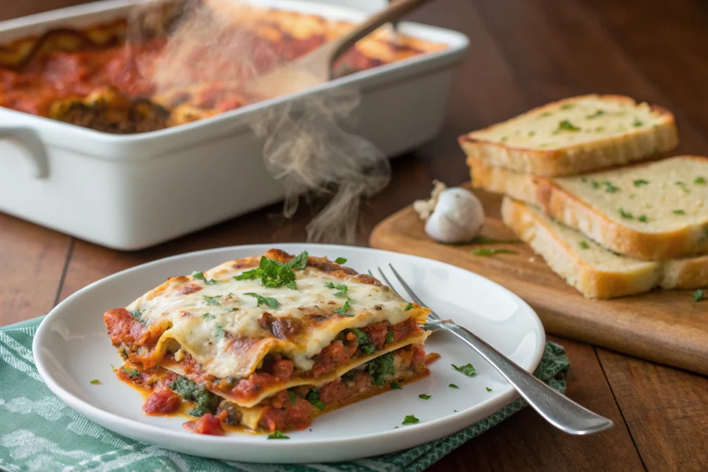 A serving of butter bean lasagna with garlic bread