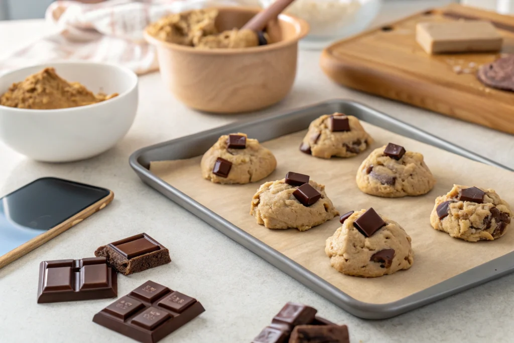 Unbaked double chunk chocolate cookie dough with large chocolate chunks