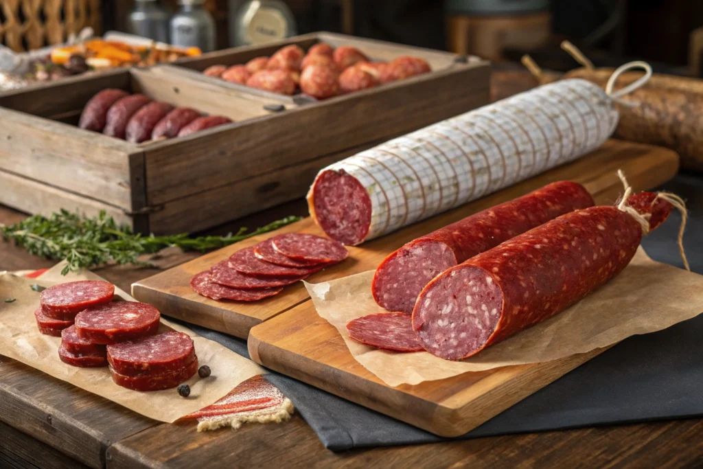 Different types of high-quality beef salami at a market.