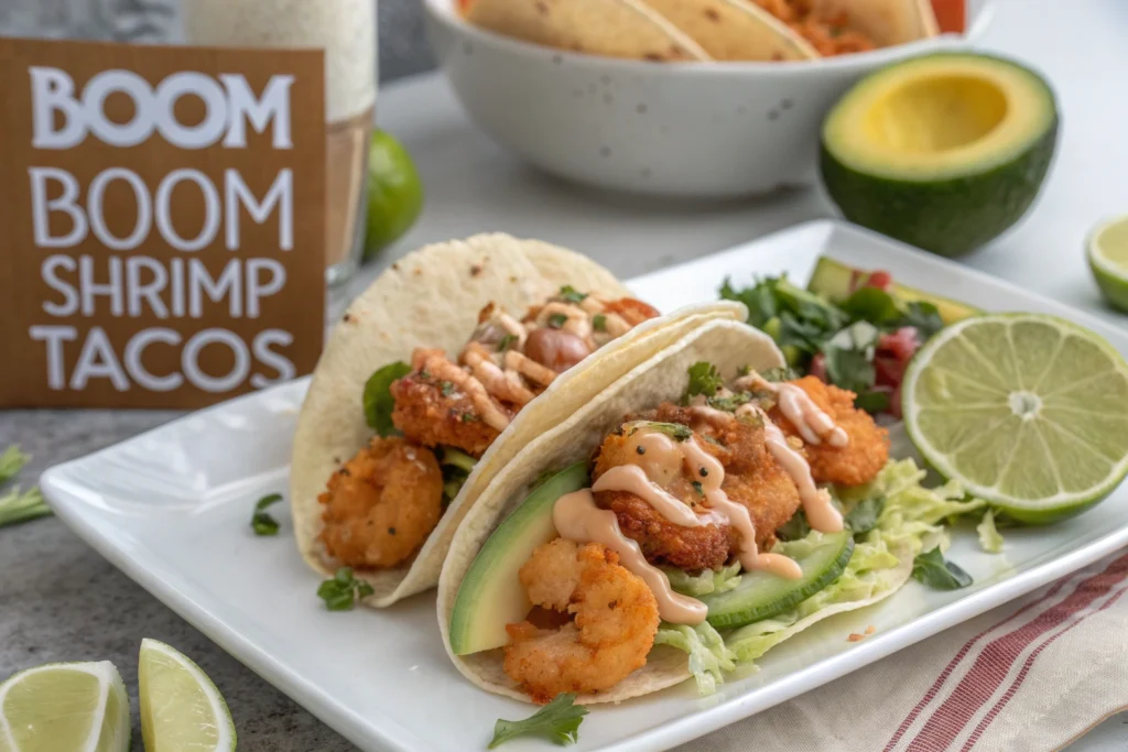 Shrimp with Boom Boom Sauce – A crispy golden shrimp being dipped into a bowl of creamy, spicy Boom Boom Sauce.