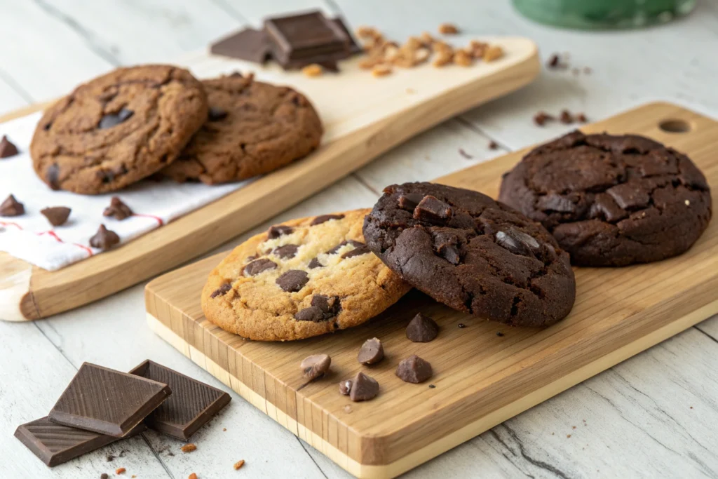 Comparison of chocolate chip, double chunk, and double chocolate cookies