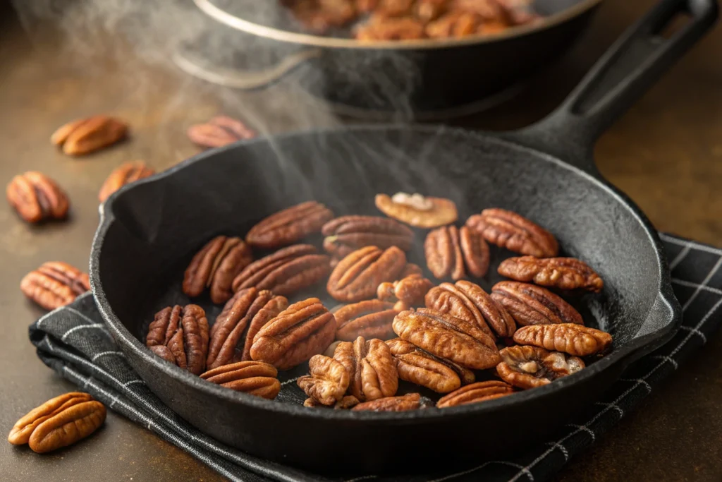 Toasting pecans in a skillet for cookies