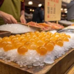 Fresh corbina fish eggs on a seafood market counter