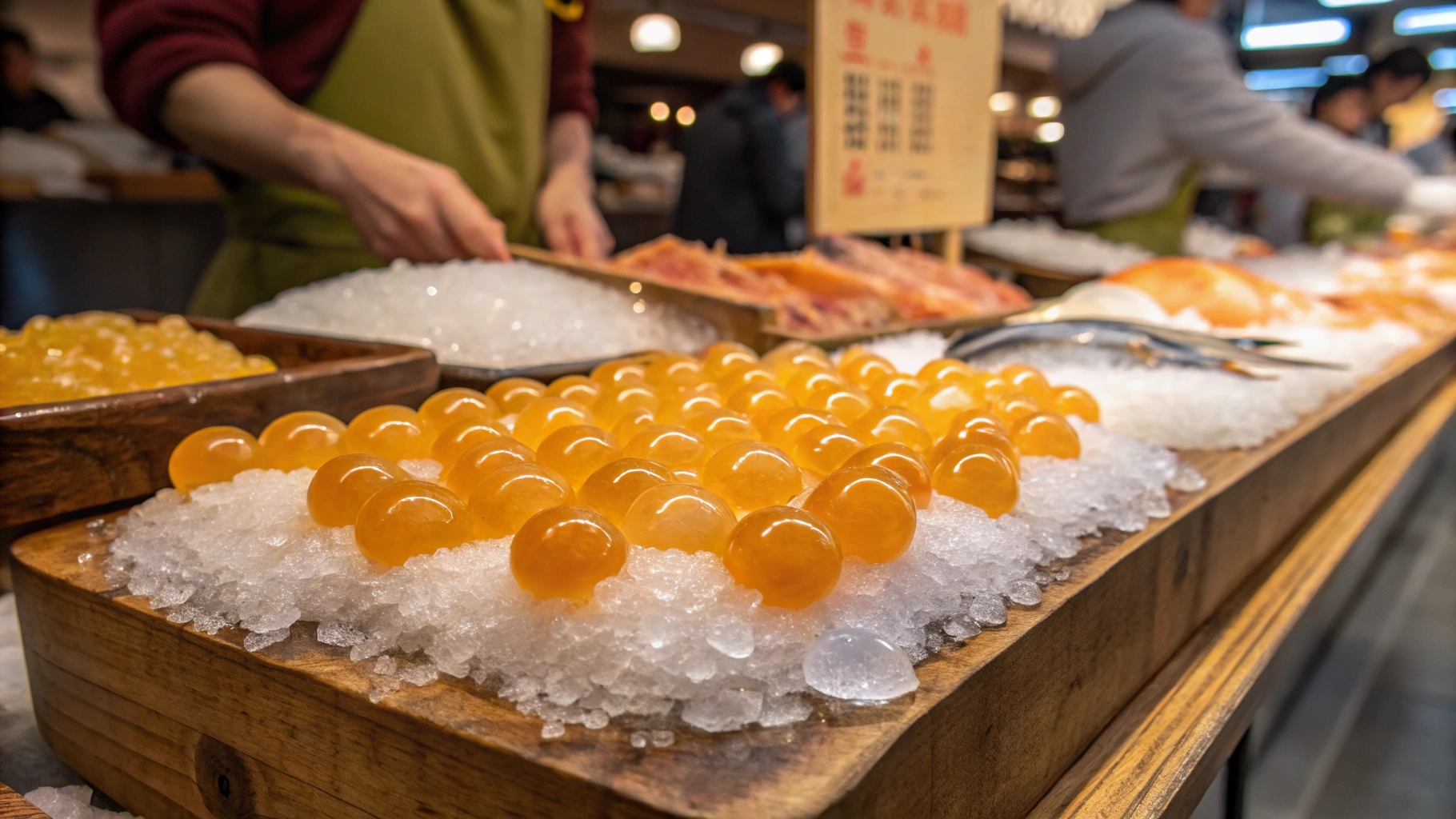 Fresh corbina fish eggs on a seafood market counter