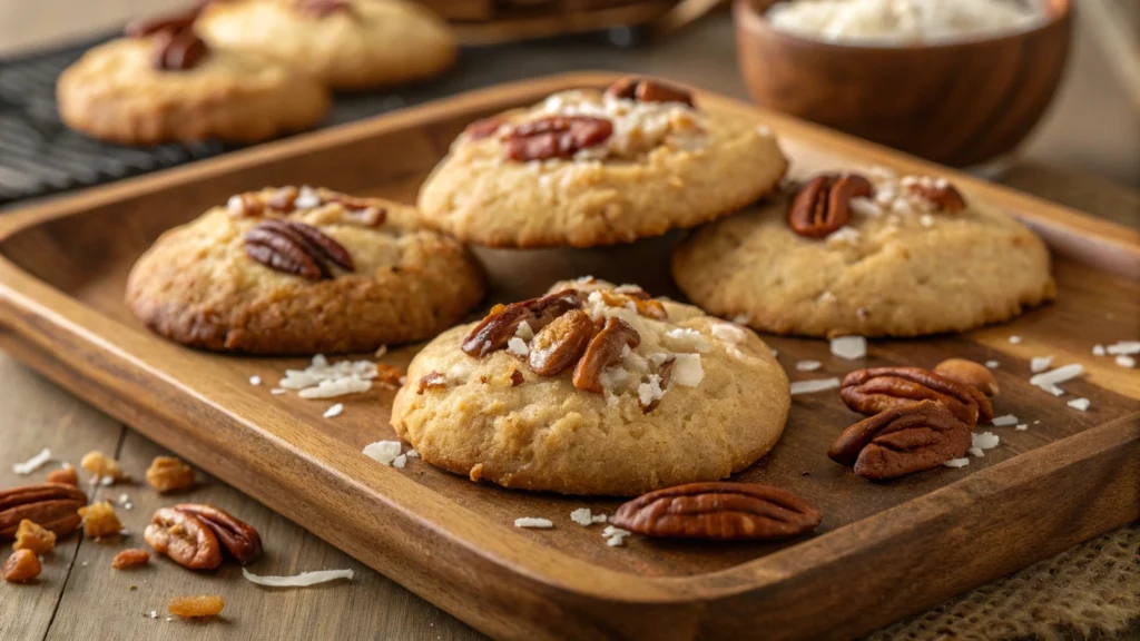 Freshly baked coconut pecan cookies on a tray