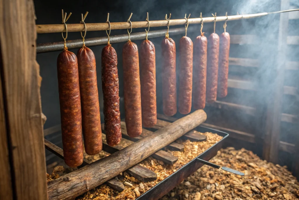 Summer sausage being cured and smoked.