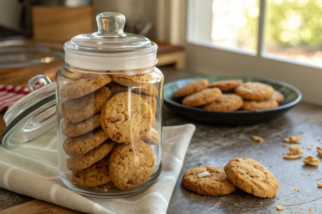 Storing coconut pecan cookies in a glass jar