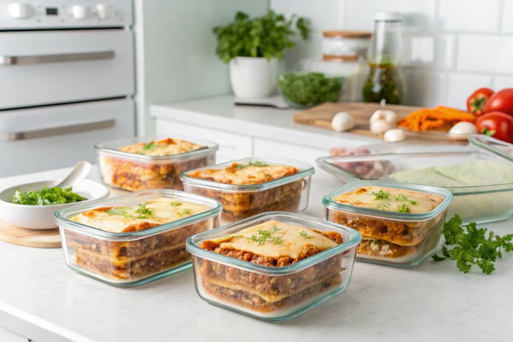 Meal prep portions of butter bean lasagna for storage