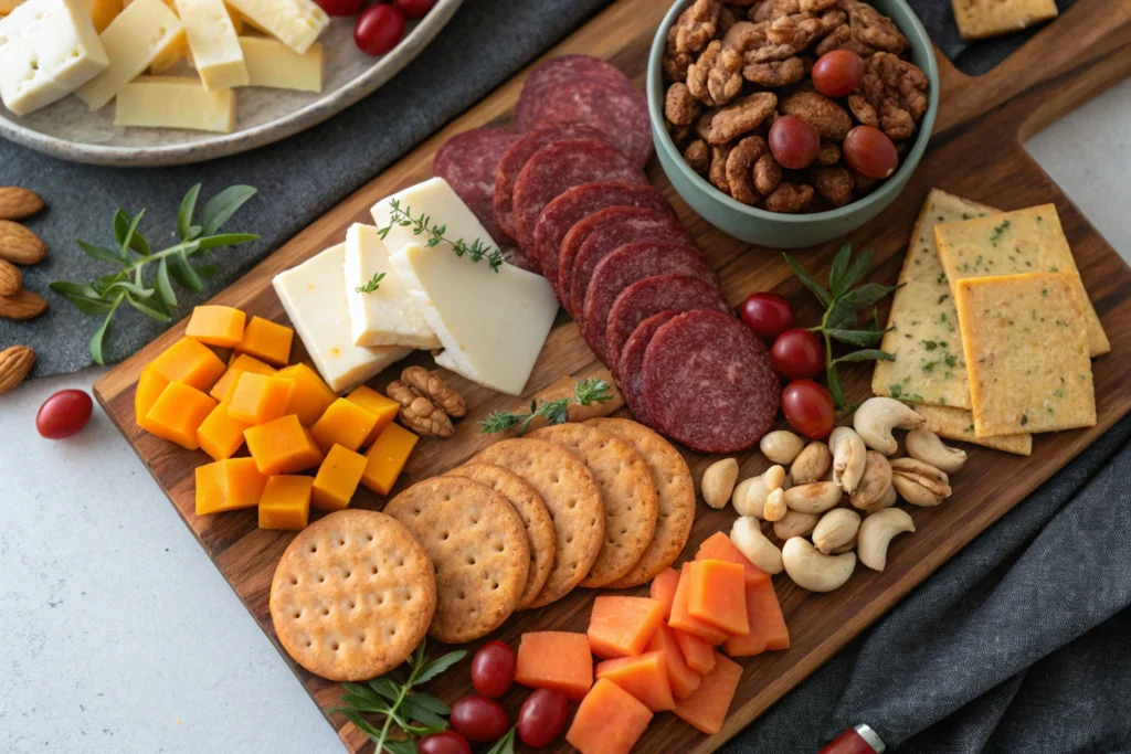 Charcuterie board with summer sausage and cheese.