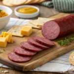 Sliced summer sausage with cheese and crackers.