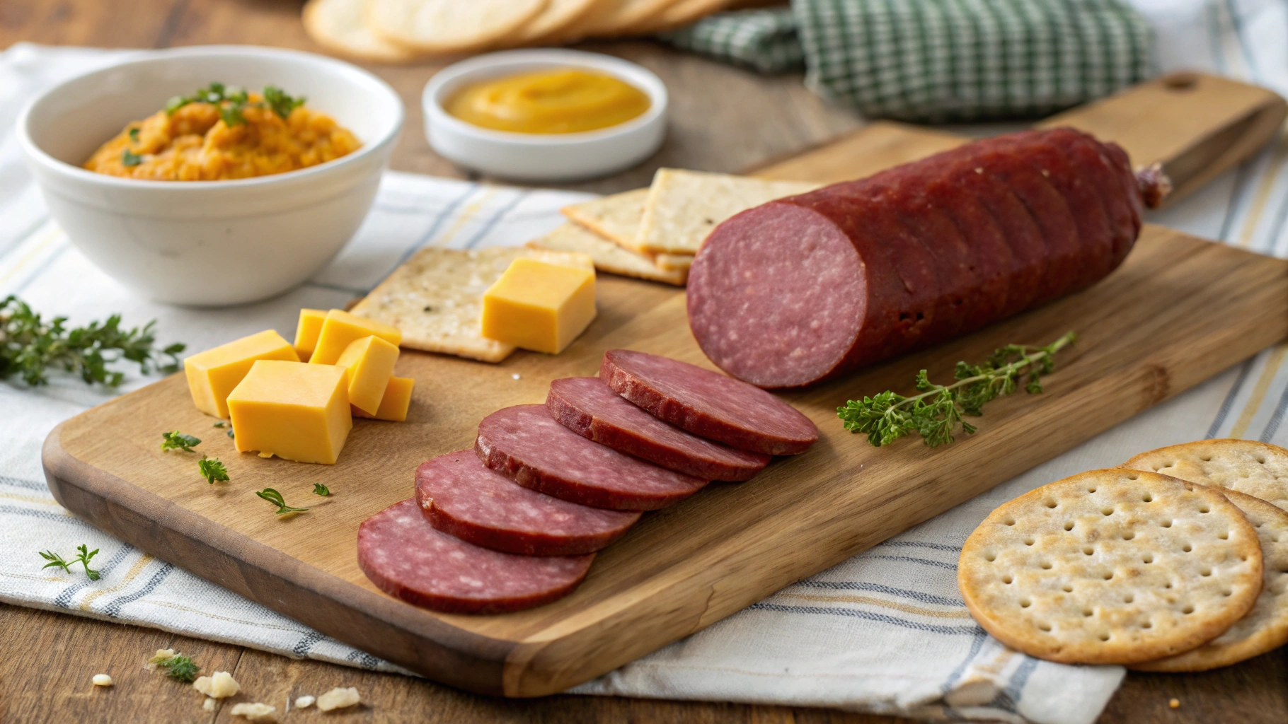 Sliced summer sausage with cheese and crackers.