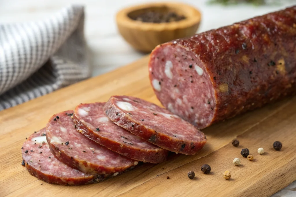 Close-up of summer sausage texture with seasoning specks.